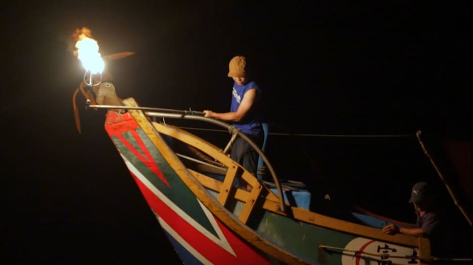 شاهد.. صيادون يصطادون أسماك السردين بالنار في تايوان