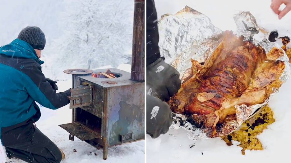 تجربة طبخ الكبسة السعودية تحت الثلوج المتساقطة في تركيا