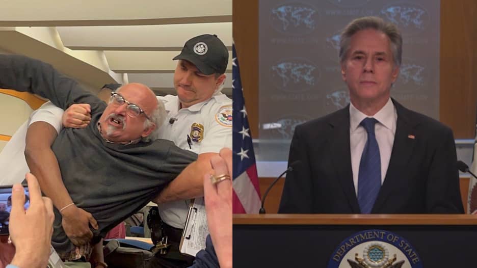 شاهد لحظة مقاطعة وزير خارجية أمريكا بسبب حرب غزة