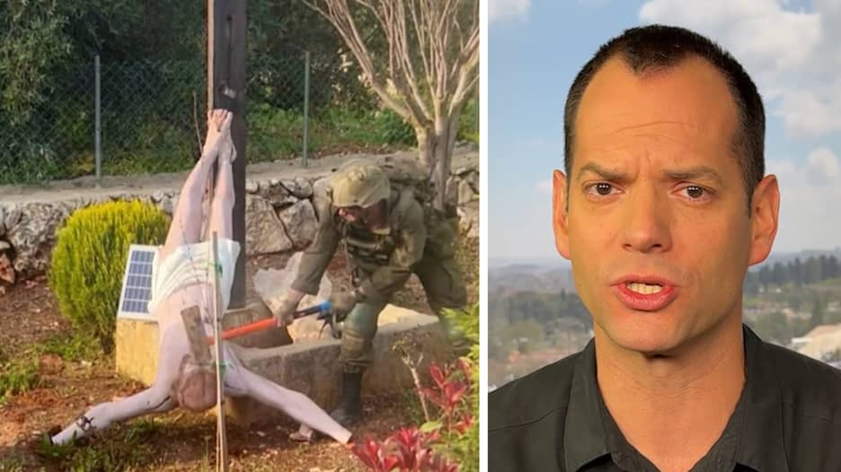 صورة تُظهر جنديًا إسرائيليًا يُلحق أضرارًا بتمثال المسيح في لبنان