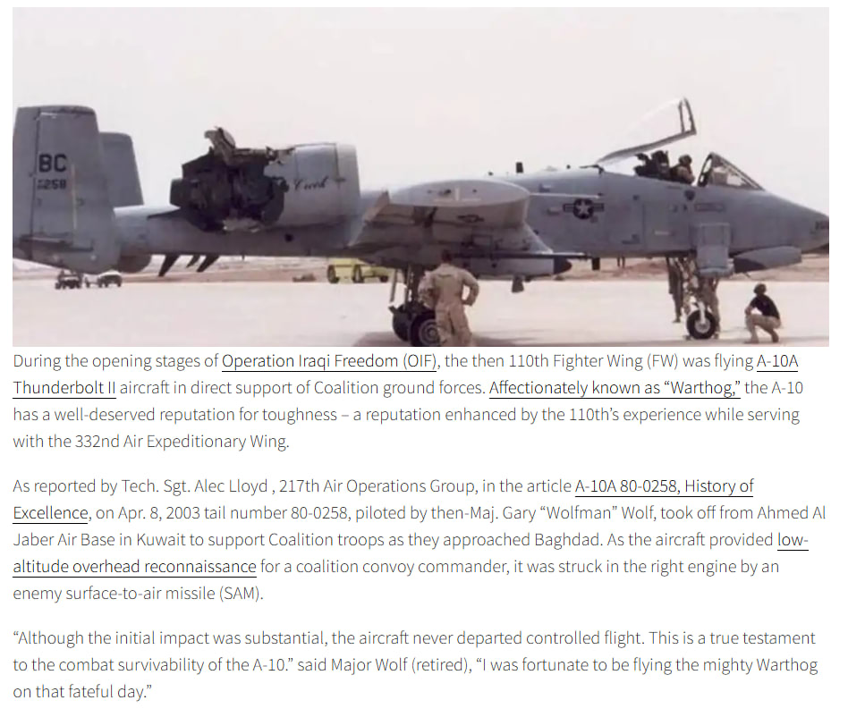 تعليق مدونة "The aviation geek club" على حادثة إصابة طائرة أمريكية من طراز A-10 Thunderbolt II إبان حرب العراق عام 2003 