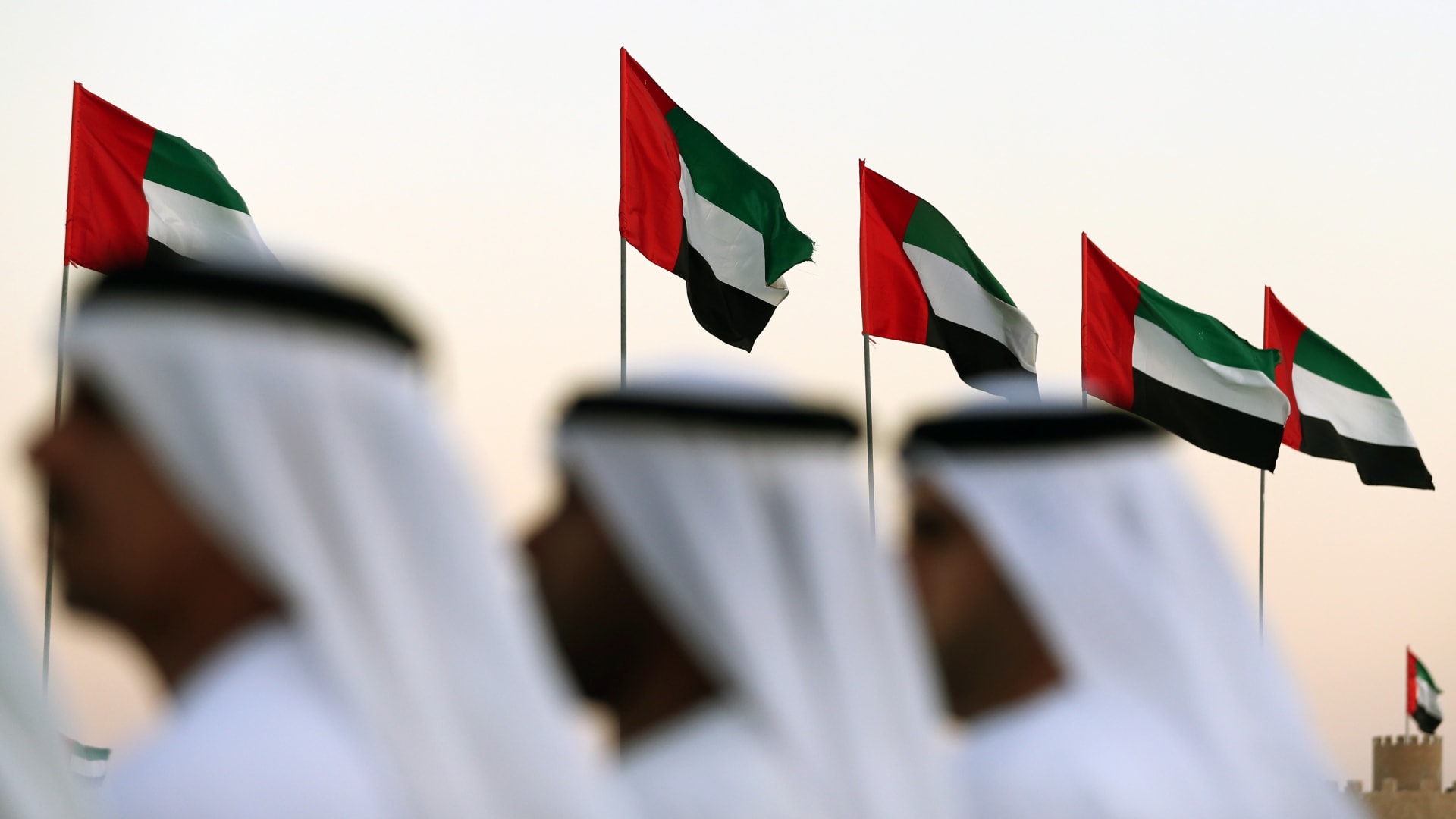 صورة أرشيفية تعبيرية لرجال يقفون تحت أعلام الإمارات 
