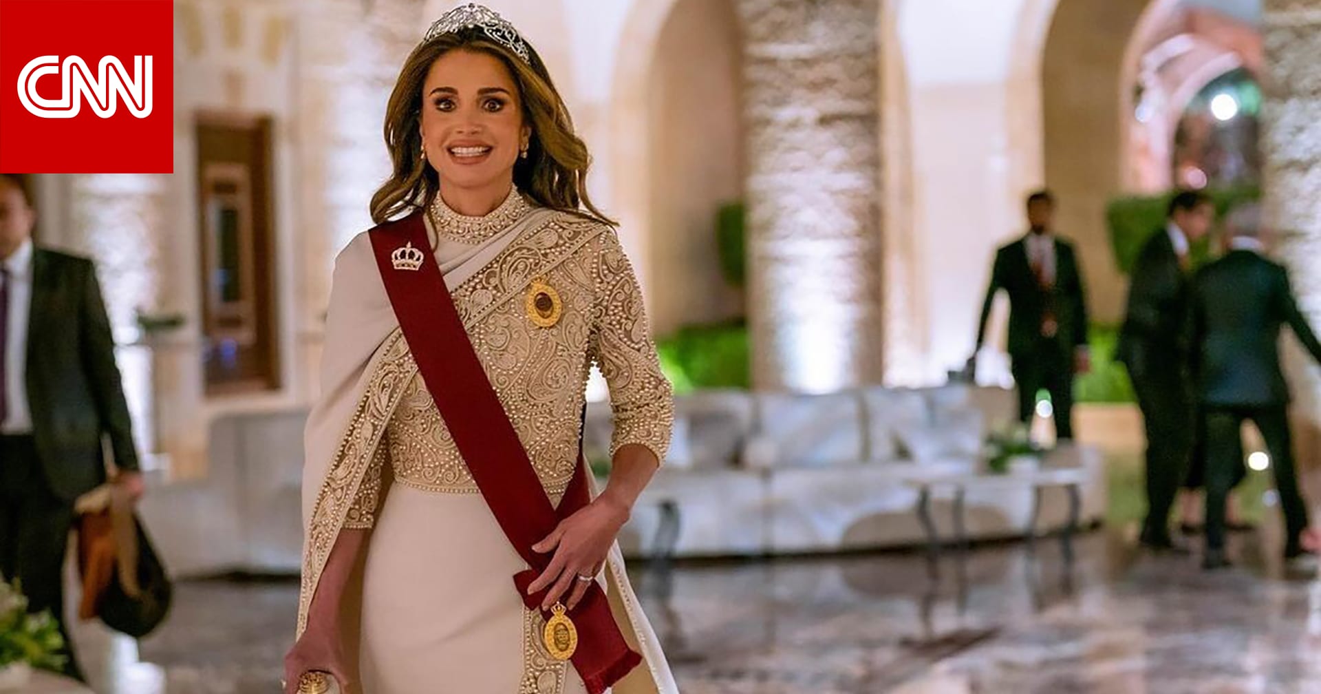 Queen Rania’s second glamorous appearance at the wedding of Jordan’s Crown Prince.. Signed by Elie Saab